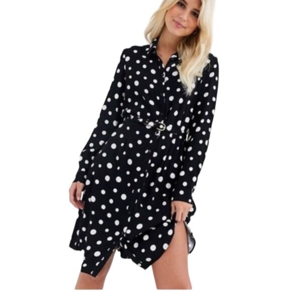 Merona NEW Polka Dot Stretch Shirt Dress Pockets Button Stretch Tunic Minimal L - Picture 1 of 16